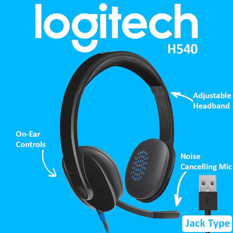 Logitech H540 USB Computer Headset with noise-canceling microphone, showing the side profile of the headset with the microphone extended, and the USB-A connection cable.